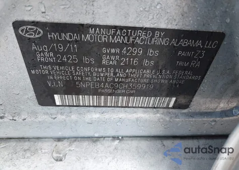 2012 Hyundai Sonata Gls z USA, uszkodzony, nr VIN 5NPEB4AC9CH359919